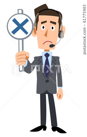 A male operator wearing a headset shows a bill with a cross on it A male operator wearing a headset shows a bill with a cross on it 81775983