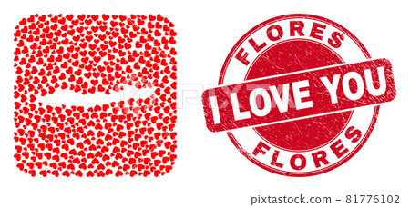 Love Watermark Stamp Seal and Flores Islands of Indonesia Map Heart Subtracted Mosaic 81776102