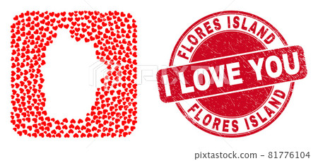 Love Rubber Seal and Flores Island of Azores Map Valentine Heart Stencil Mosaic 81776104