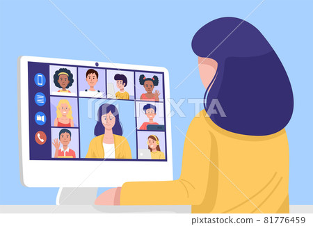 Online teaching concept, teacher giving online lesson on webcam from home. Vector Online teaching concept, teacher giving online lesson on webcam from home. Vector 81776459