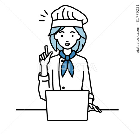 一位女廚師坐在辦公桌前,打開電腦,激發靈感 一位女廚師坐在辦公桌前,打開電腦,激發靈感 81779231