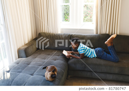 African american boy reading book and lying on couch with cat in living room African american boy reading book and lying on couch with cat in living room 81780747