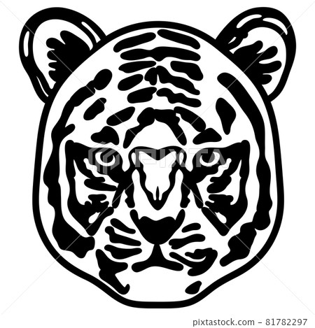 Black and white illustration of a tiger's face facing the front 81782297