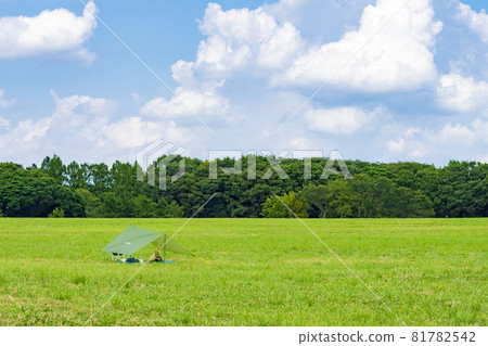 [Day camp image] Tarp on the grass under blue sky 81782542