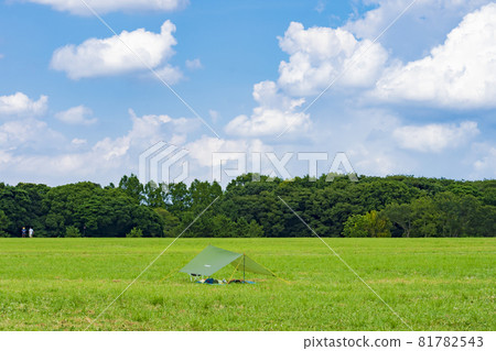 [Day camp image] Tarp on the grass under blue sky 81782543