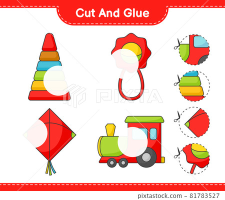 Cut and glue, cut parts of Pyramid Toy, Baby Rattle, Kite, Train and glue them. Educational children game, printable worksheet, vector illustration 81783527