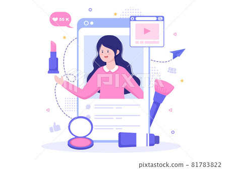 Beauty Blogger Content Creator Background of Recording Makeup Tutorial Video and Showing Cosmetic Products Vector Illustration 81783822
