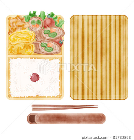 Hand-painted watercolor style illustration of Japanese meat-wrapped lunch Hand-painted watercolor style illustration of Japanese meat-wrapped lunch 81783898