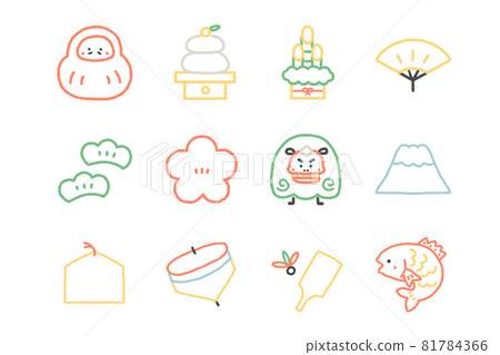 Loose! Cute! New Year's line drawing color icon set Loose! Cute! New Year's line drawing color icon set 81784366