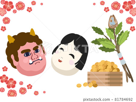 Setsubun - Ofuku and Oni mask with holly sardines and beans 81784692