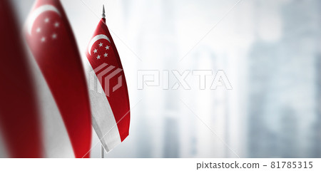 Small flags of Singapore on a blurry background of the city 81785315