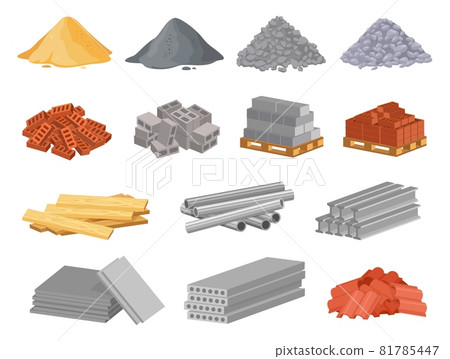 Cartoon construction building materials, sand and gravel pile. Brick stacks, metal pipes, cement. Building supplies for renovation vector set 81785447