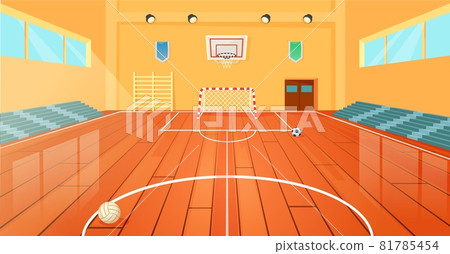 Cartoon school basketball gym, indoor sports court. Empty university gymnasium with basketball hoop and sport equipment vector illustration 81785454