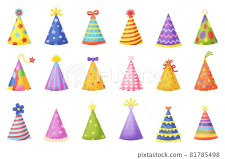Cartoon birthday party hats, holiday celebration paper cones. Funny christmas striped party caps with colorful decorations vector set 81785498