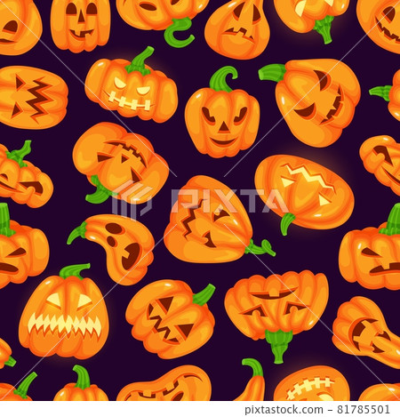 Cartoon funny halloween pumpkins with spooky faces seamless pattern. Cute glowing orange pumpkin, autumn holiday decoration vector background Cartoon funny halloween pumpkins with spooky faces seamless pattern. Cute glowing orange pumpkin, autumn holiday decoration vector background 81785501