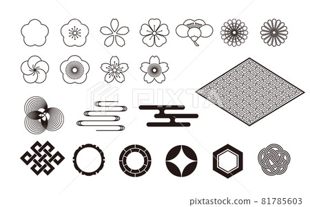 Japanese pattern material set, simple, line drawing, black line 81785603