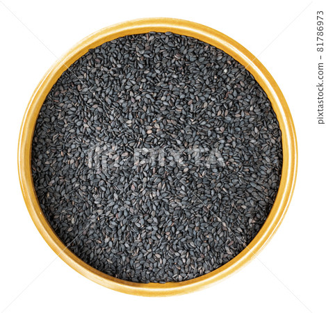 top view of black sesame seeds in round ceramic bowl cutout on white background 81786973