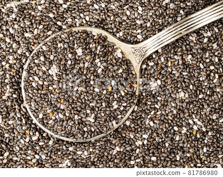 top view of silver tablespoon in Chia seeds closeup 81786980