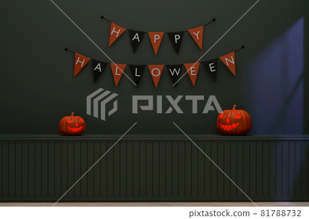 The walls of the room are decorated with flags. and Halloween Pumpkins for Halloween party during twilight time 81788732