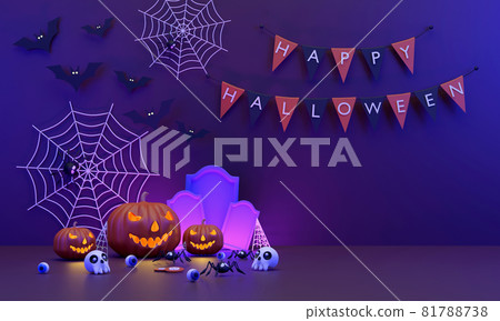 Happy Halloween festival decorated with halloween pumpkin, cobweb, spiders, eyeballs, skulls and flags as a backdrop. Happy Halloween festival decorated with halloween pumpkin, cobweb, spiders, eyeballs, skulls and flags as a backdrop. 81788738