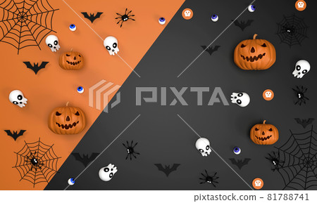 Halloween festival background on orange and black color background Ghost Pumpkin, bats, eyeballs, spiders, ghost coins, cobweb and skull Halloween festival background on orange and black color background Ghost Pumpkin, bats, eyeballs, spiders, ghost coins, cobweb and skull 81788741