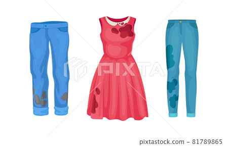 Spotted Dress and Pair of Jeans as Dirty Clothing with Stain for Laundry Vector Set Spotted Dress and Pair of Jeans as Dirty Clothing with Stain for Laundry Vector Set 81789865