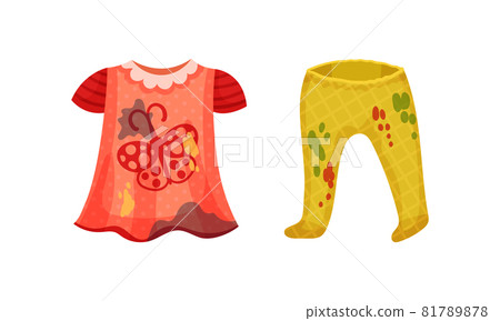 Spotted Kid Dress and Pants as Dirty Clothing with Stain for Laundry Vector Set 81789878