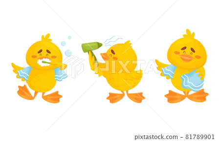 Little Yellow Chick Brushing Teeth and Drying with Towel Vector Set Little Yellow Chick Brushing Teeth and Drying with Towel Vector Set 81789901