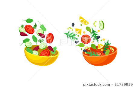 Vegetarian Salad with Dropping in Bowl Ingredient Mix Vector Set Vegetarian Salad with Dropping in Bowl Ingredient Mix Vector Set 81789939