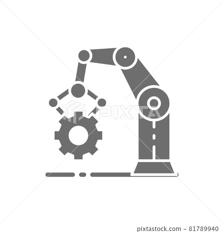 Robotic manipulator arm with cogwheel, working mechanism, production grey icon. Robotic manipulator arm with cogwheel, working mechanism, production grey icon. 81789940