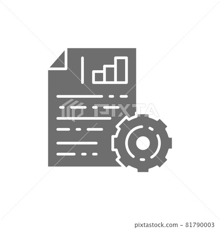 Engineering documents with diagram and gear wheel, project plan grey icon. Engineering documents with diagram and gear wheel, project plan grey icon. 81790003