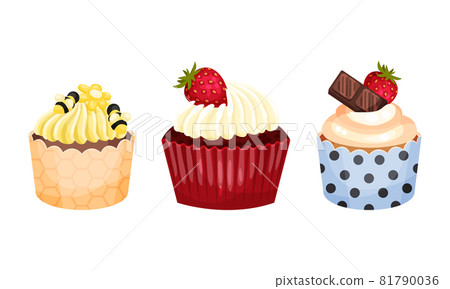 Sweet Cupcake or Fairy Cake Baked in Paper Cup Topped with Whipped Cream Vector Set 81790036