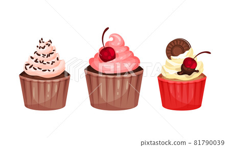 Sweet Cupcake or Fairy Cake Baked in Paper Cup Topped with Whipped Cream Vector Set 81790039