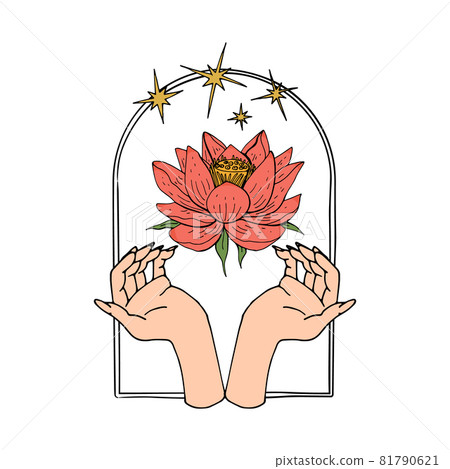 Vintage Mystic hands and lotus flower bloom inside arch with stars Vintage Mystic hands and lotus flower bloom inside arch with stars 81790621
