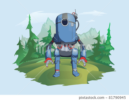 A humanoid robot stands against the background of a mountain landscape. Android in the wild nature, a post-apocalyptic plot. Vector illustration, isolated on white. 81790945