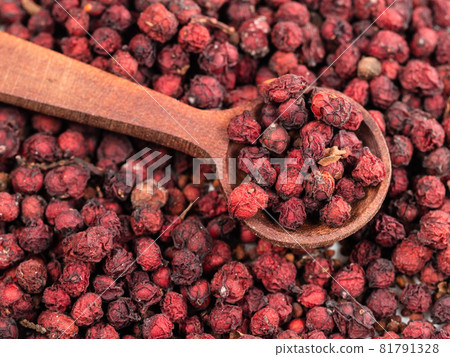 wooden spoon on pile of dried magnolia berries (Schisandra Chinensis seeds) closeup 81791328