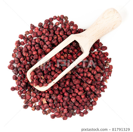top view of wooden scoop on pile of dried magnolia berries (Schisandra Chinensis seeds) on white background top view of wooden scoop on pile of dried magnolia berries (Schisandra Chinensis seeds) on white background 81791329