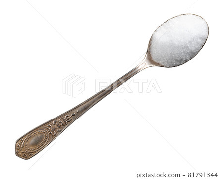 top view of crystalline erythritol sugar substitute in silver teaspoon cutout on white background top view of crystalline erythritol sugar substitute in silver teaspoon cutout on white background 81791344