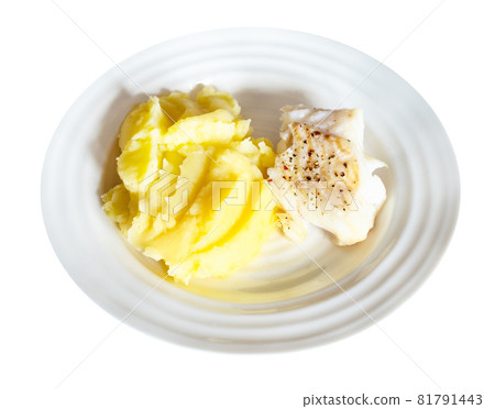 served baked and peppered cod fish with mashed potatoes on white plate cut out on white background 81791443