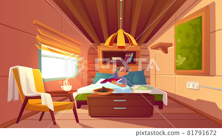 Man lying in bed in camper at morning Man lying in bed in camper at morning 81791672