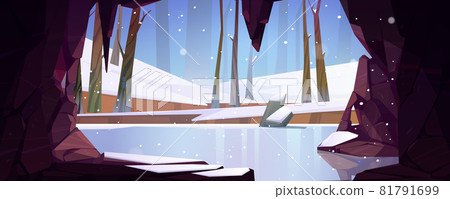 Ice cave in mountain view on frozen forest pond Ice cave in mountain view on frozen forest pond 81791699