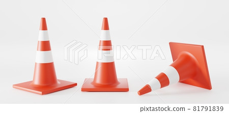 Traffic cones front, angle view and lying down. Realistic set orange warning sings, construction fences, repair hurdles, safety barrier for road and highways, isolated on white background, 3d render 81791839