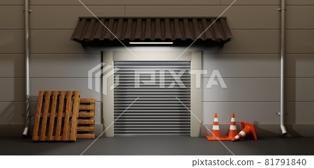 Night gate warehouse with metal rolling shutter. Building facade store or factory with wooden pallets, traffic cones on street. Storehouse exterior with automatic door, drain pipes and awning on wall Night gate warehouse with metal rolling shutter. Building facade store or factory with wooden pallets, traffic cones on street. Storehouse exterior with automatic door, drain pipes and awning on wall 81791840