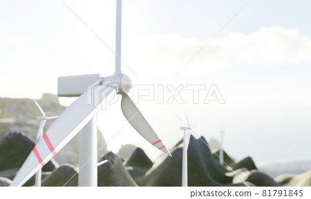 Mountain landscape with wind turbines and blue sky closeup, angle view. Sustainable source energy, green power of future. Realistic illustration of windmills with white red vanes, 3d render 81791845