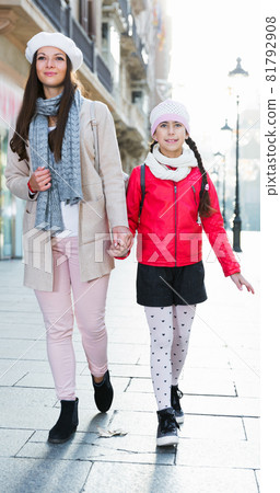 Couple tourists girl and woman walking 81792908