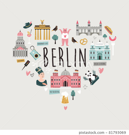 Tourist abstract design with famous destinations and landmarks of Berlin. Tourist abstract design with famous destinations and landmarks of Berlin. 81793069