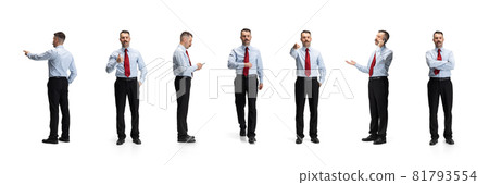 Full-length collage of employee standing in different directions isolated on white background 81793554