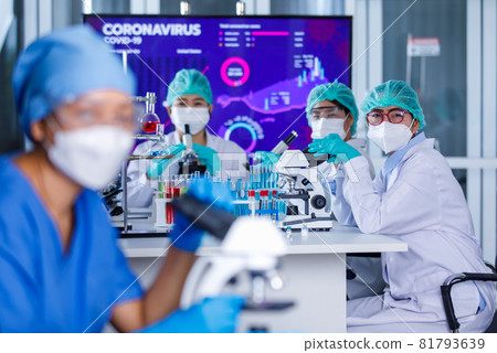 Group of female researchers team concentrated on working with microscope and lab equipment in laboratory room among test tubes and beakers. Concept for hard duty of scientists in Covid-19 outbreak Group of female researchers team concentrated on working with microscope and lab equipment in laboratory room among test tubes and beakers. Concept for hard duty of scientists in Covid-19 outbreak 81793639
