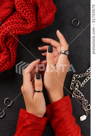 Womans hands with trendy bloody halloween manicure. Creative composition for social media Womans hands with trendy bloody halloween manicure. Creative composition for social media 81793678