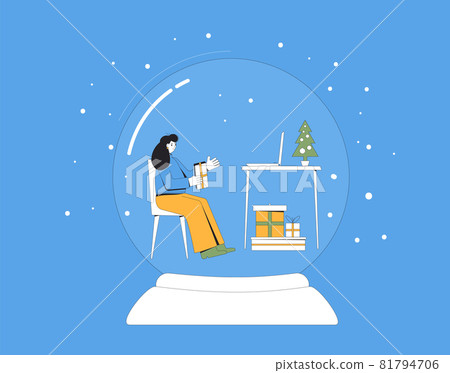 Christmas online. Stay home. Girl opening a gift infront of laptop.Young woman meeting with ftiends with video call during a pandemic of coronavirus. Sharing virtual present. Vector illustration Christmas online. Stay home. Girl opening a gift infront of laptop.Young woman meeting with ftiends with video call during a pandemic of coronavirus. Sharing virtual present. Vector illustration 81794706